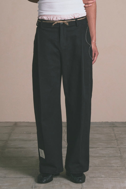 Denim Pleated Straight Trousers