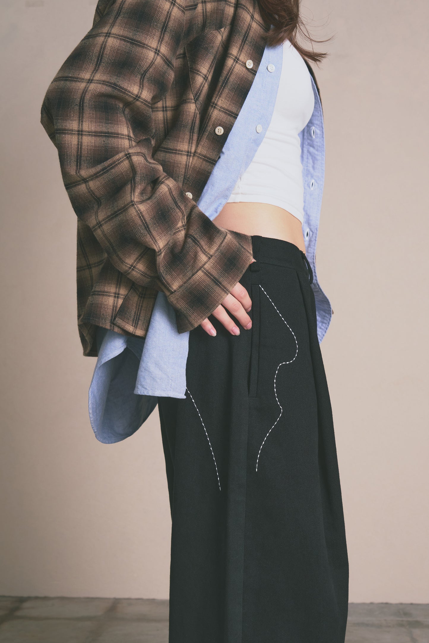 Denim Pleated Straight Trousers